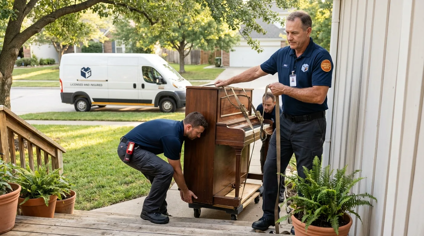 Licensed piano movers securing grand piano in Canaan, ME