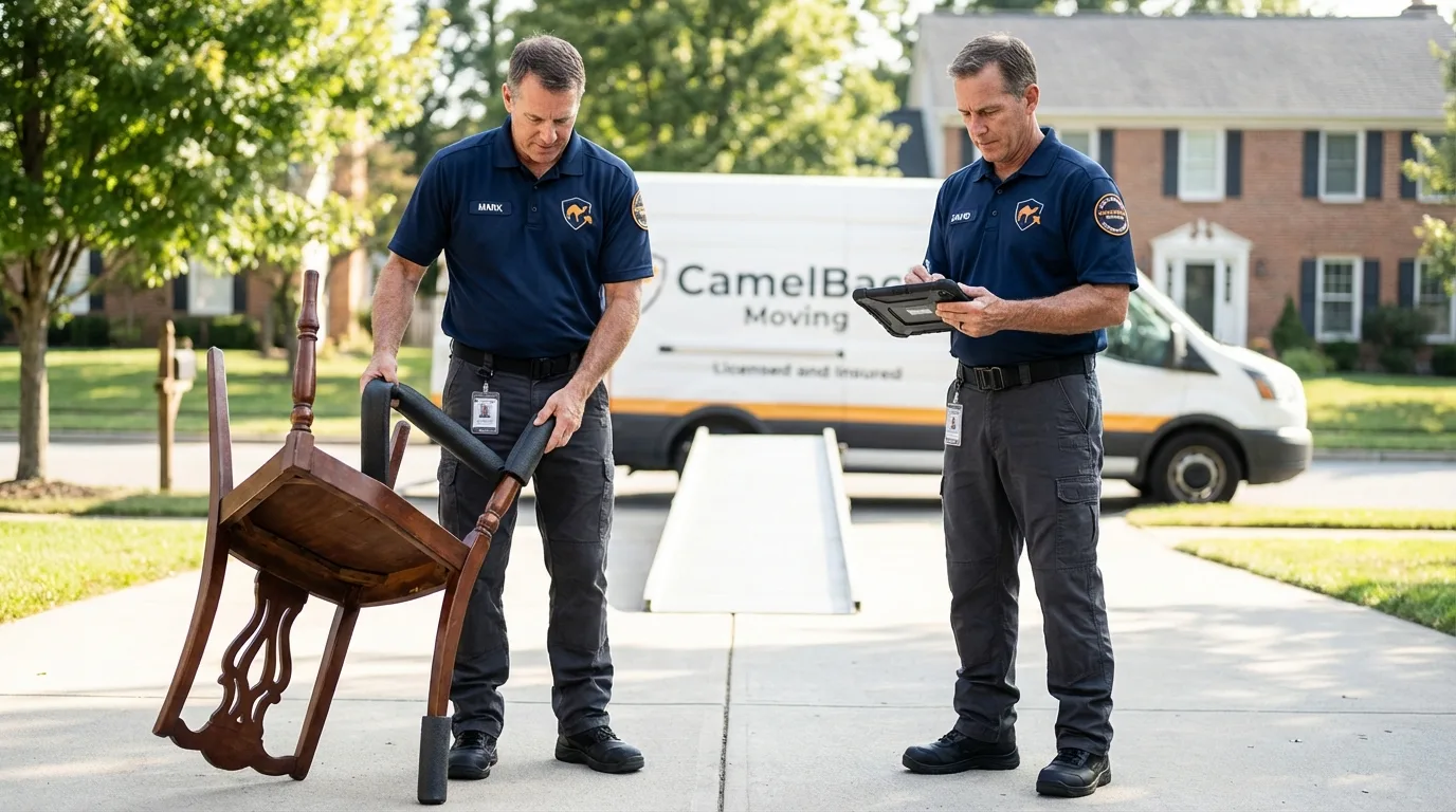 Movers inspecting furniture for damage prevention before loading in Canaan, ME