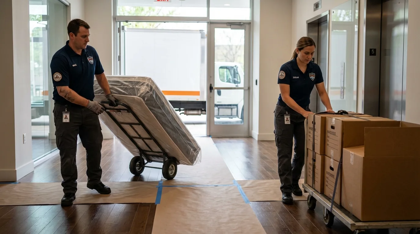 Professional apartment movers loading elevator in Canaan, ME