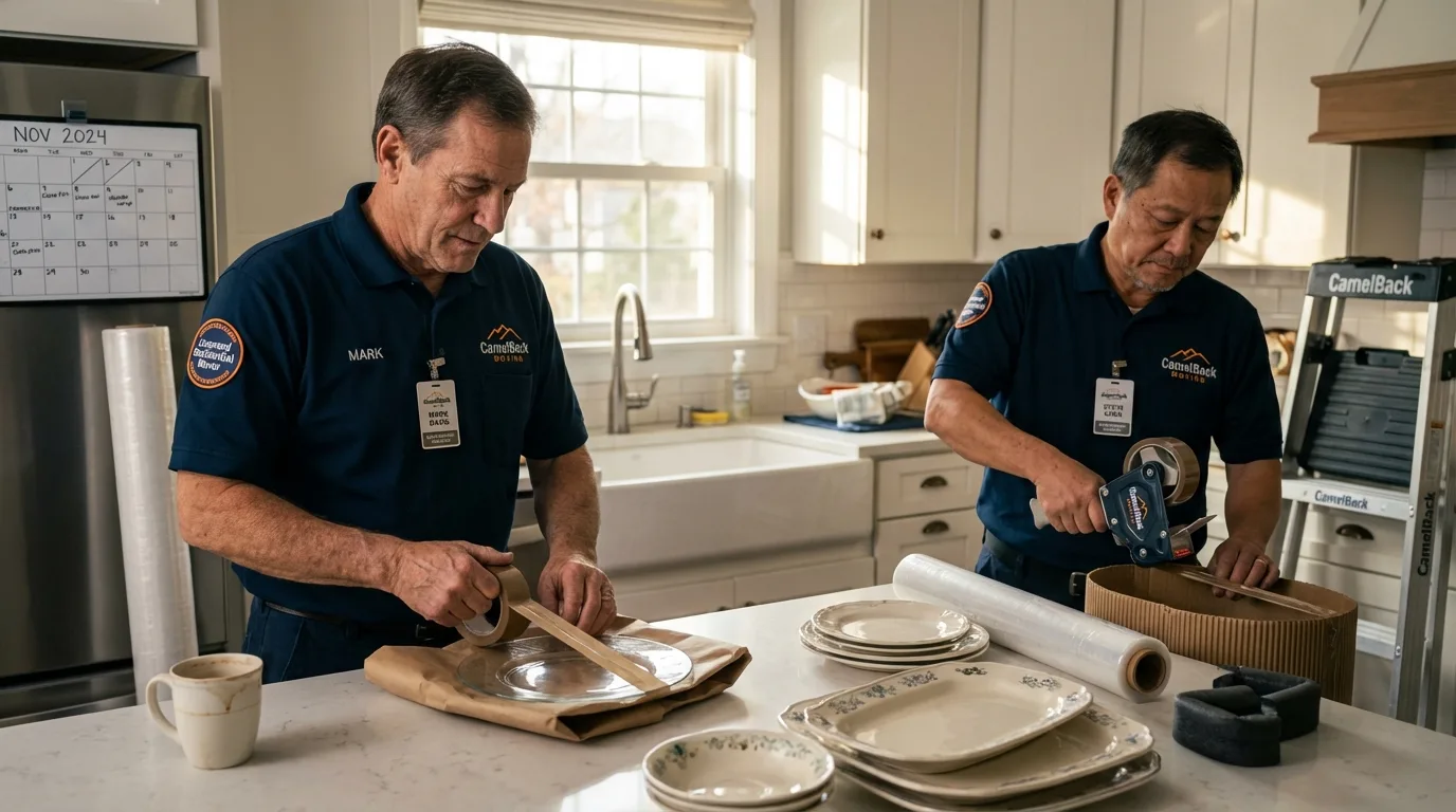 Professional crew packing kitchen dishware in Canaan, ME